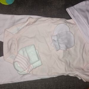 Pink Striped Baby Outfit with Mittens, Hat And Gloves